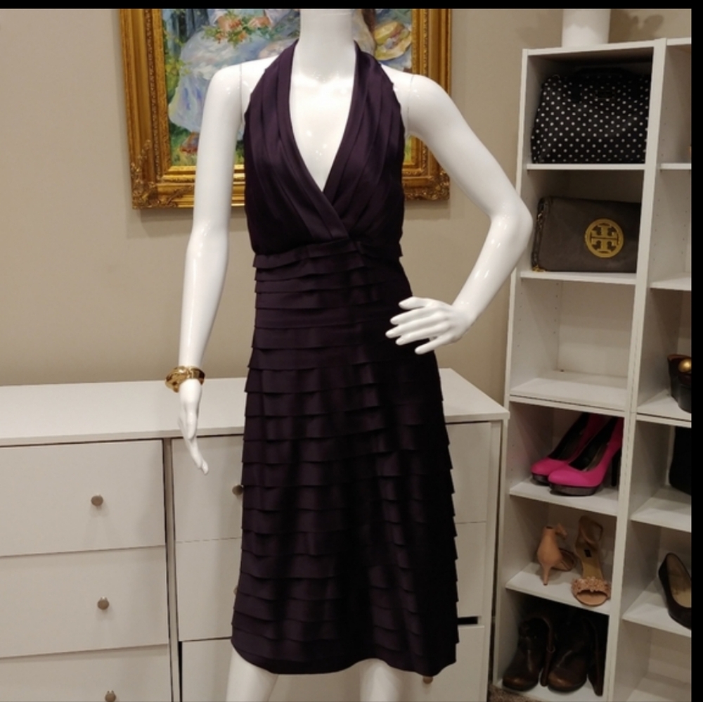 JS COLLECTIONS EGGPLANT HALTER TIERED SATIN DRESS 8